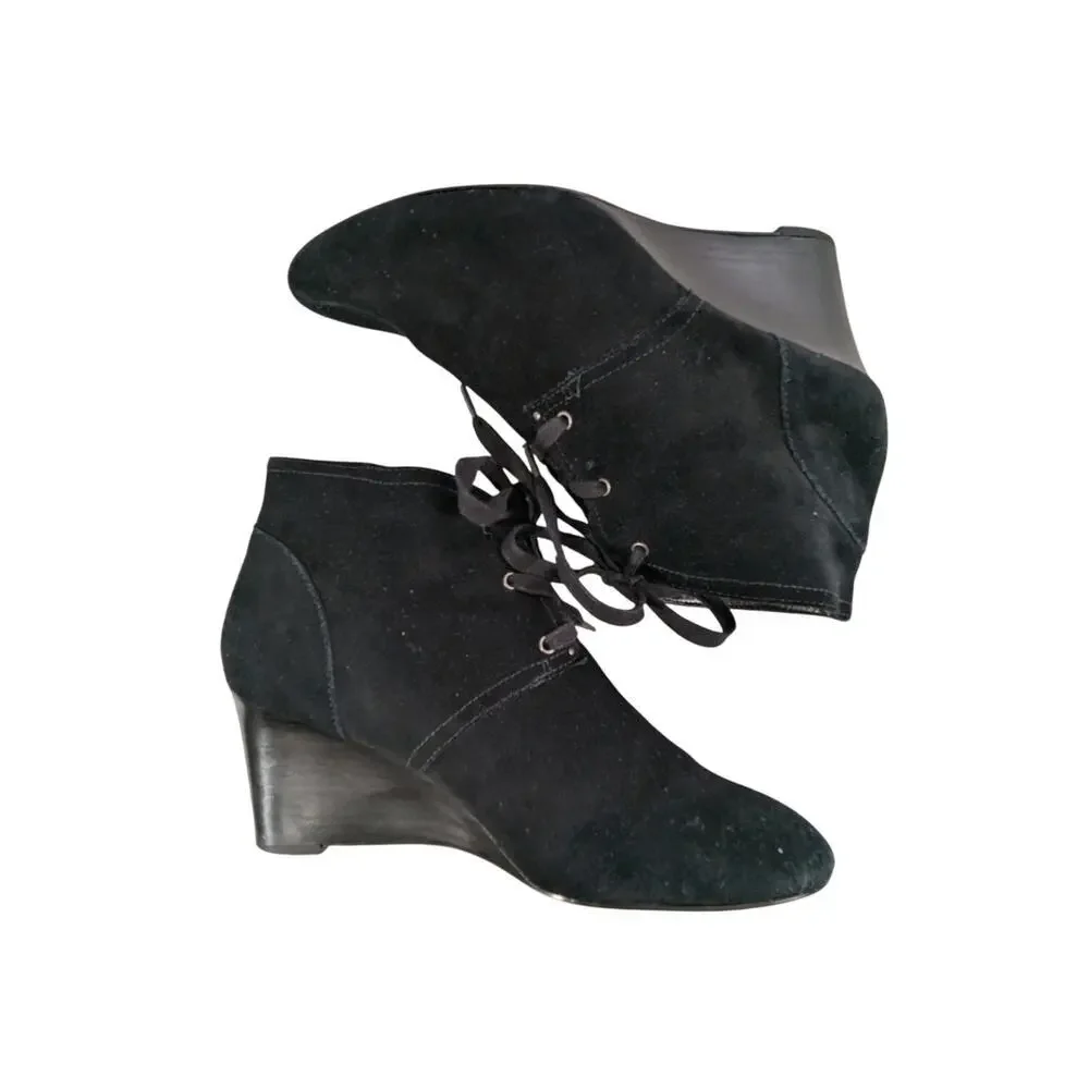 LAUREN BY RALPH LAUREN! BLACK GENUINE SUEDE LEATHER WEDGE ANKLE BOOTS! SZ 7.5B
